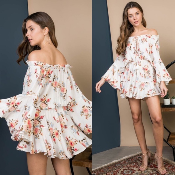 025 Boho Floral Print Off Shoulder Bell Sleeve Romper - Picture 2 of 3